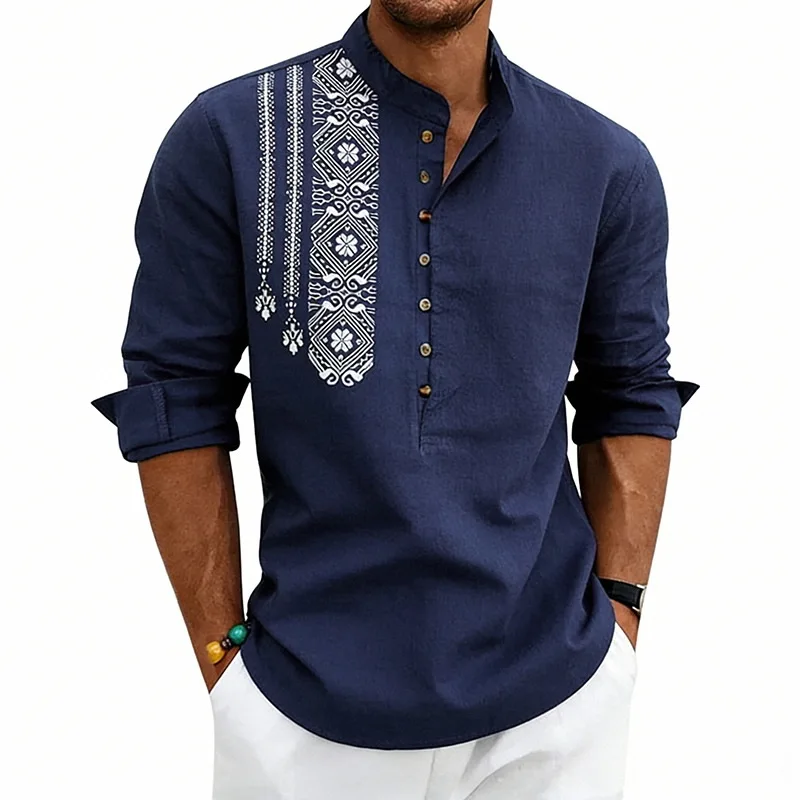 

Summer stand-up collar linen long-sleeved t-shirt, ethnic style print, European and American Henry breasted shirt
