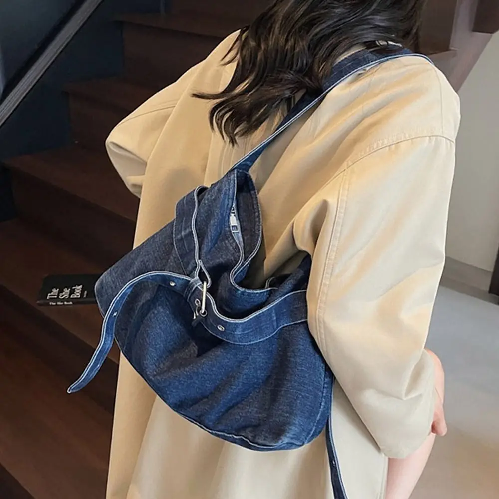 

Korean Style Denim Tote Bag Solid Color Tote Bag Large Capacity Handbag Large Capacity PU Leather Underarm Packs Office Worker