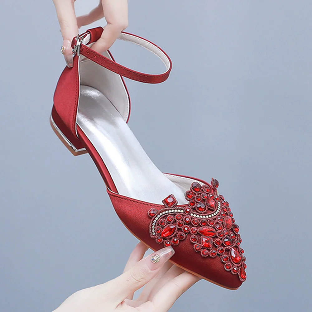 Spring and summer pointed satin rhinestone wristband flat heel wedding shoes square heel low heel 43 large size women's sandals - view 4