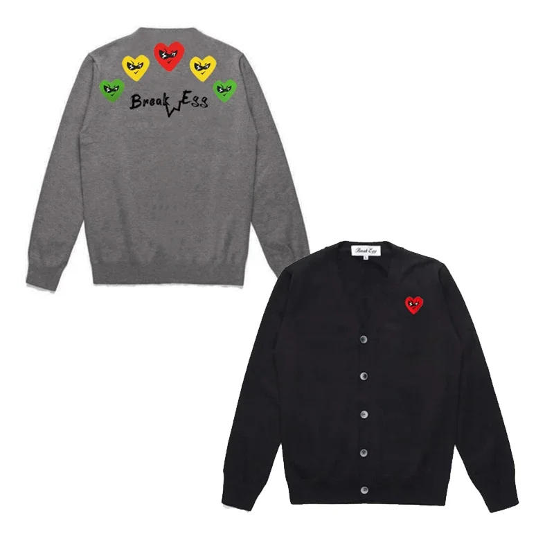 

Break Egg Men Cardigan Heart Glasses Embroidery Back Multiple Colorful Heart Print Cotton V-neck Single-breasted Casual Sweater