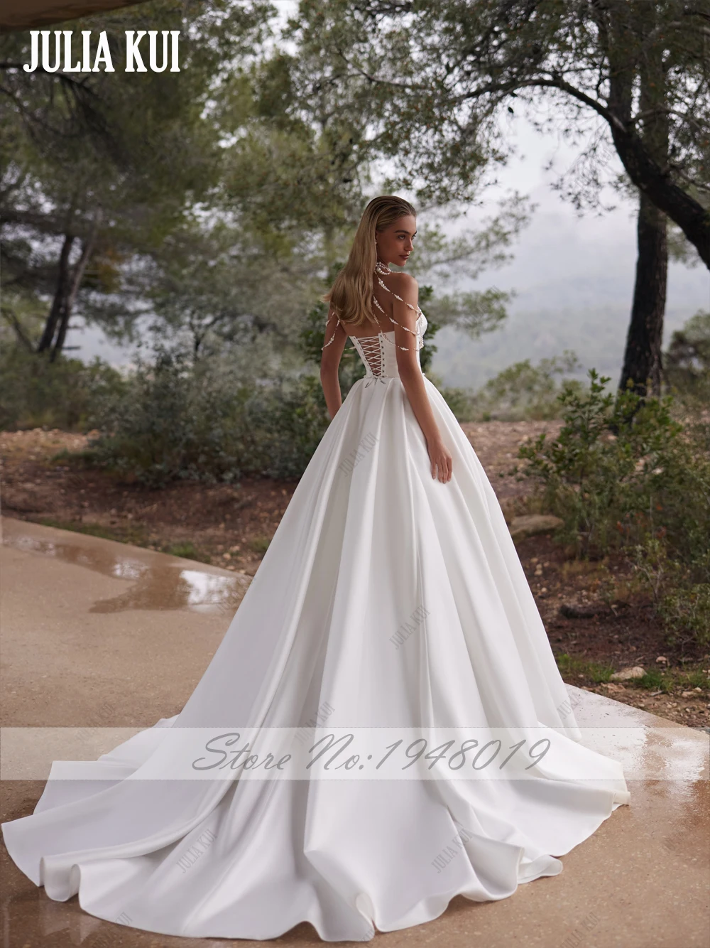 جوليا كوي مخصص الديكور اللؤلؤ الأشرطة الكرة ثوب فساتين الزفاف قبالة الكتف الحبيب الدانتيل يصل فساتين العروس الساتان الفاخرة #2