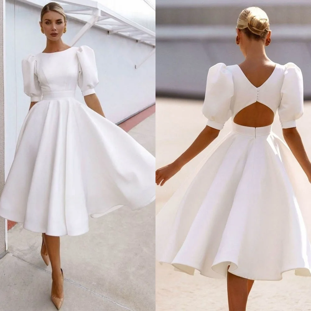 맞춤형 우아한 화이트 새틴 웨딩 드레스 고품질 크루 넥 하프 슬리브 신부 가운 코트 트레인 지퍼 백 드레스