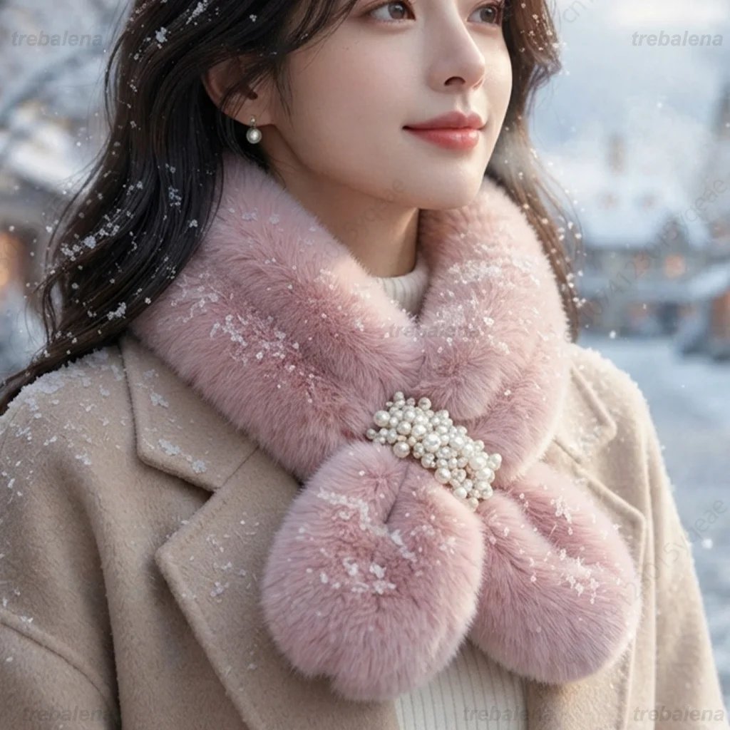 Women Winter Faux Rabbit Fur Scarf Warm Soft Neck Warmer Korean Style Collar Cozy Neck Shawl for Autumn Winter Fashion Accessory