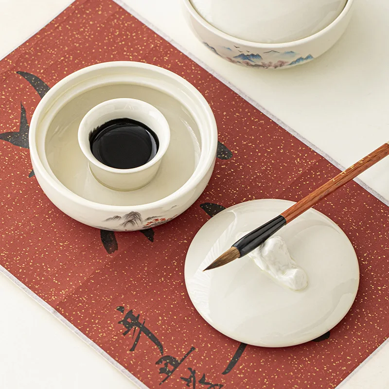 Handmade Ceramic Non-Drying Inkstone Pot with Lid Multi-Function Ink Pool Brush Rest Four Treasures Calligraphy