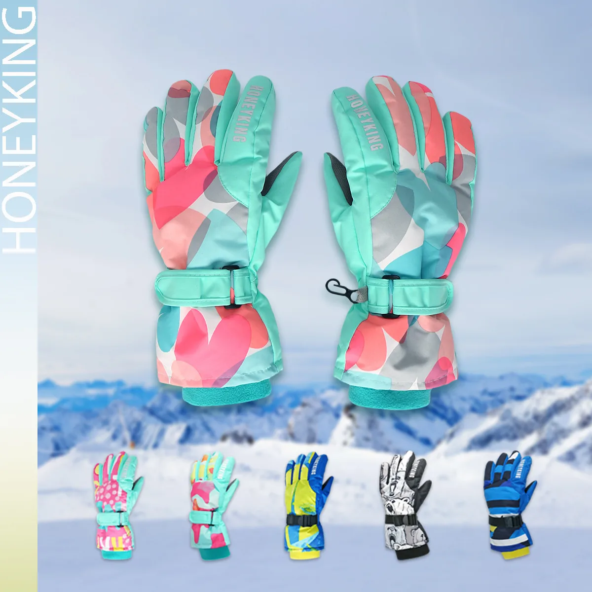 HONEYKING Kids Winter Ski Gloves Waterproof Warm Padded Mitten For Girls Boys Outdoor Skiing Cycling Windproof Snowboard Gloves