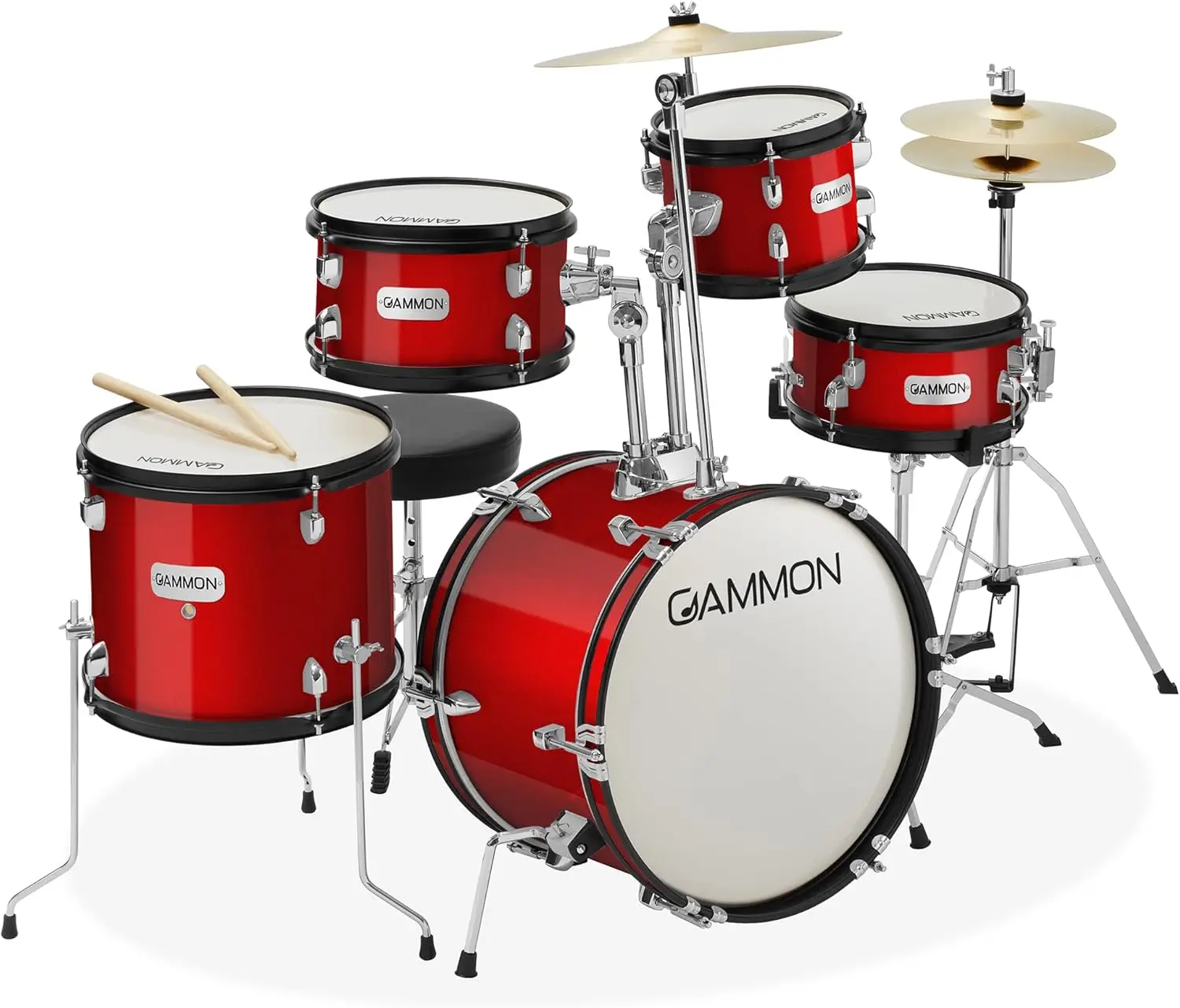 Kit de bateria inicial júnior com pratos, ferragens, baquetas e trono - vermelho