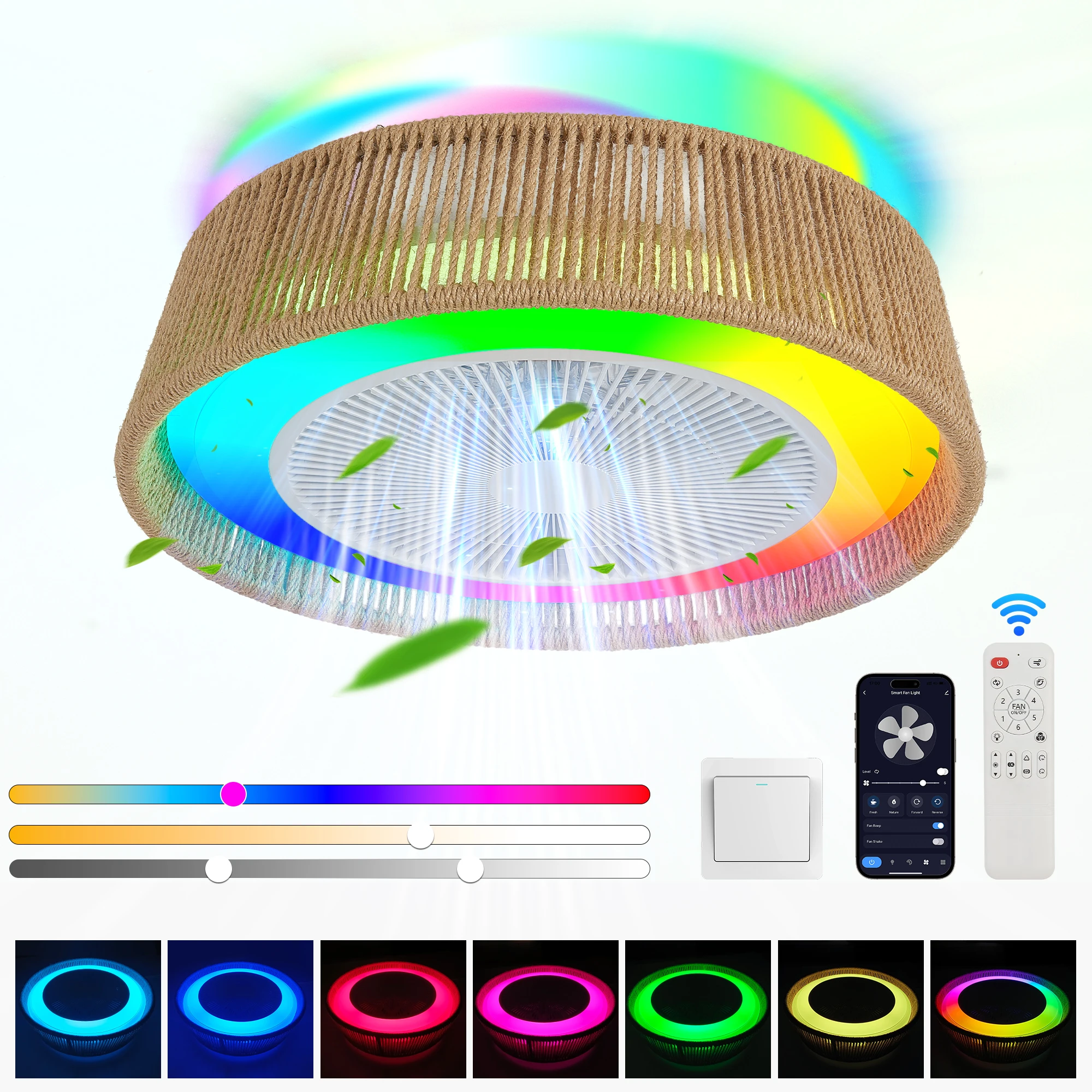 

FAISHILAN Rustic LED RGB Ceiling Fan Light Mood Lighting Rope Woven Quiet Fan Semi Flush Mount for Bedroom,Living or Dining Room