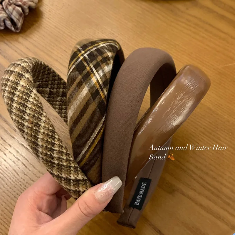 

Maillard Coffee Department College Style Plaid Headband Women's Wide Edge Sponge Headband Face Wash Korean Headgear