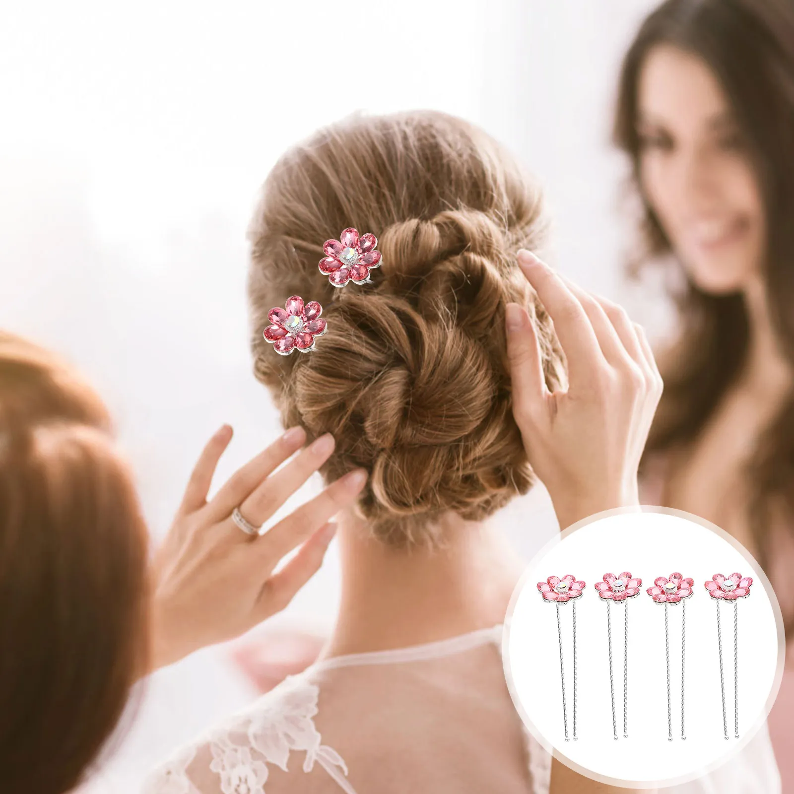 

Набор из 4 заколок для волос с цветами и стразами, U-образные заколки для невесты, свадебные аксессуары для волос, элегантные цветочные заколки для женщин