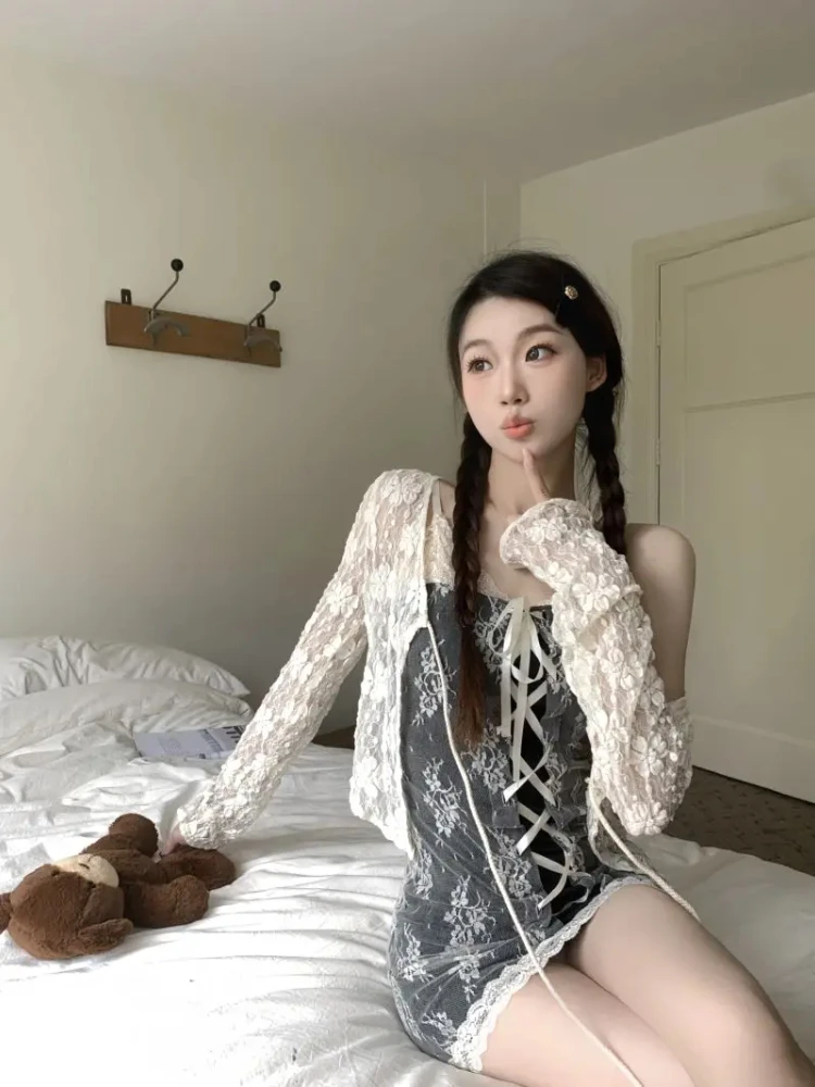 فستان قصير مثير على الموضة اليابانية Kawaii للنساء + Y2k Harajuku سترة كلاسيكية بأكمام طويلة طقم مكون من قطعتين #6