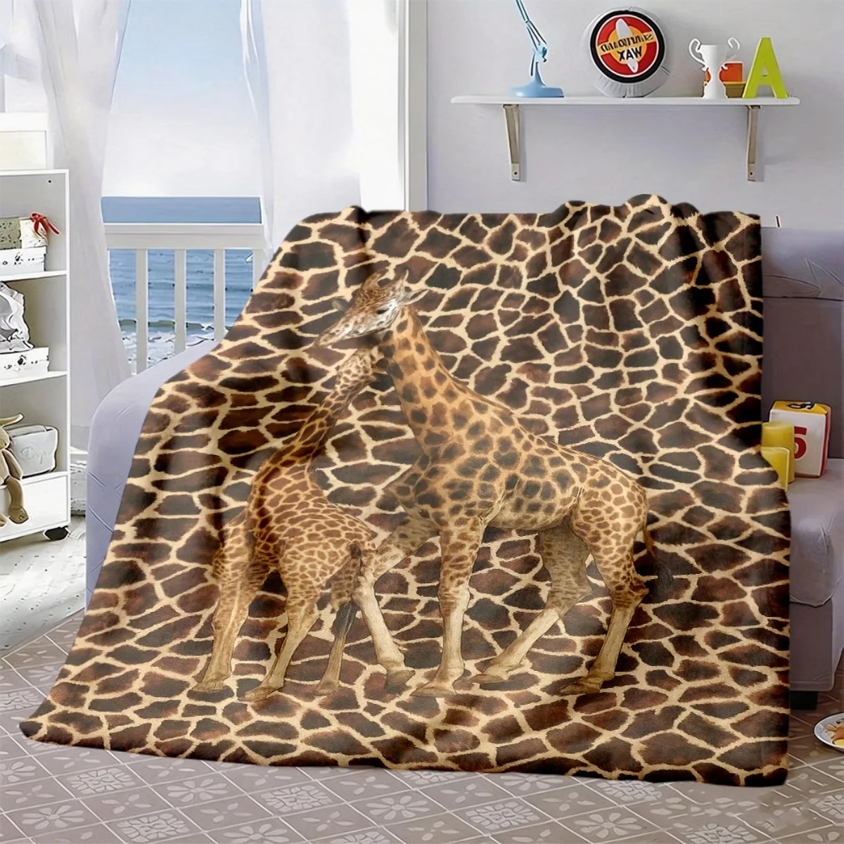 Wild Giraffe Family Skin Pattern Flannel Throw Blanket Safari Animal Print Soft Warm Blanket for Couch Bed Home Decor Gift