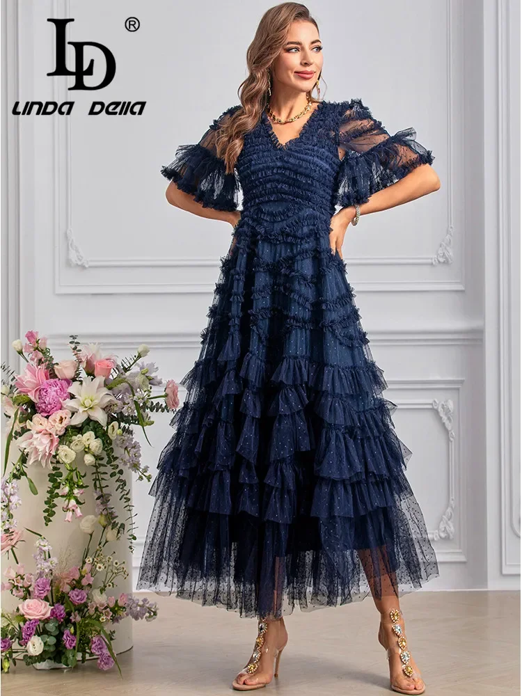 LD LINDA DELLA Summer Runway Fashion Dresses Women\'s Vintage Polka Dot Print Net Yarn Cascading Ruffle Backless Sexy Dresses