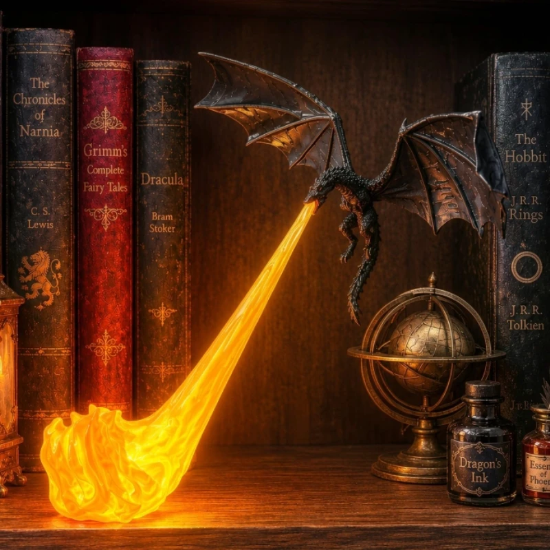 3D Printed Dragon Breathing Lamp Shelf ,Flying Dragon,Halloween Shelf Display, Reading Nook Decor for Desk Library Collector