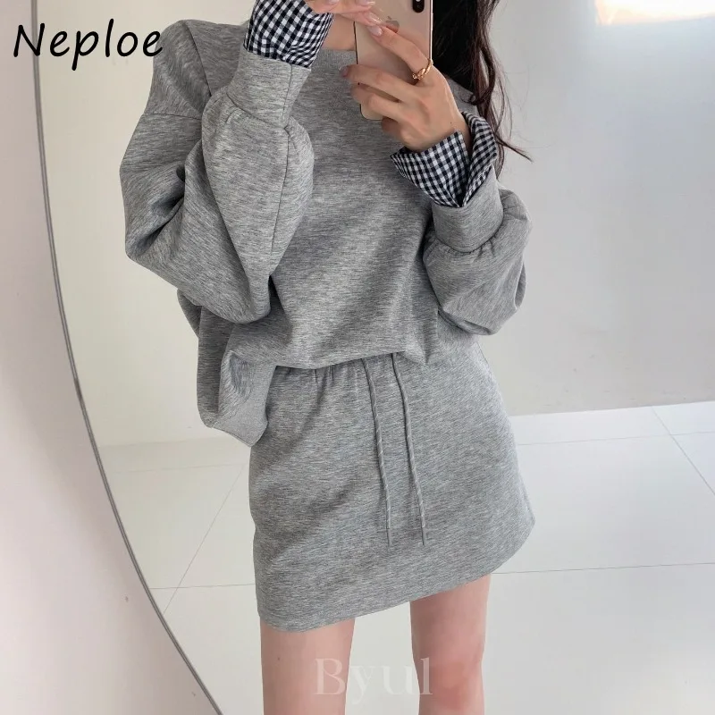 Neploe Korean Chic Simple Casual Suits Femme Fake Two Piece Checkered Splicing Loose Versatile O-Neck Hoodie High Waist Skirt