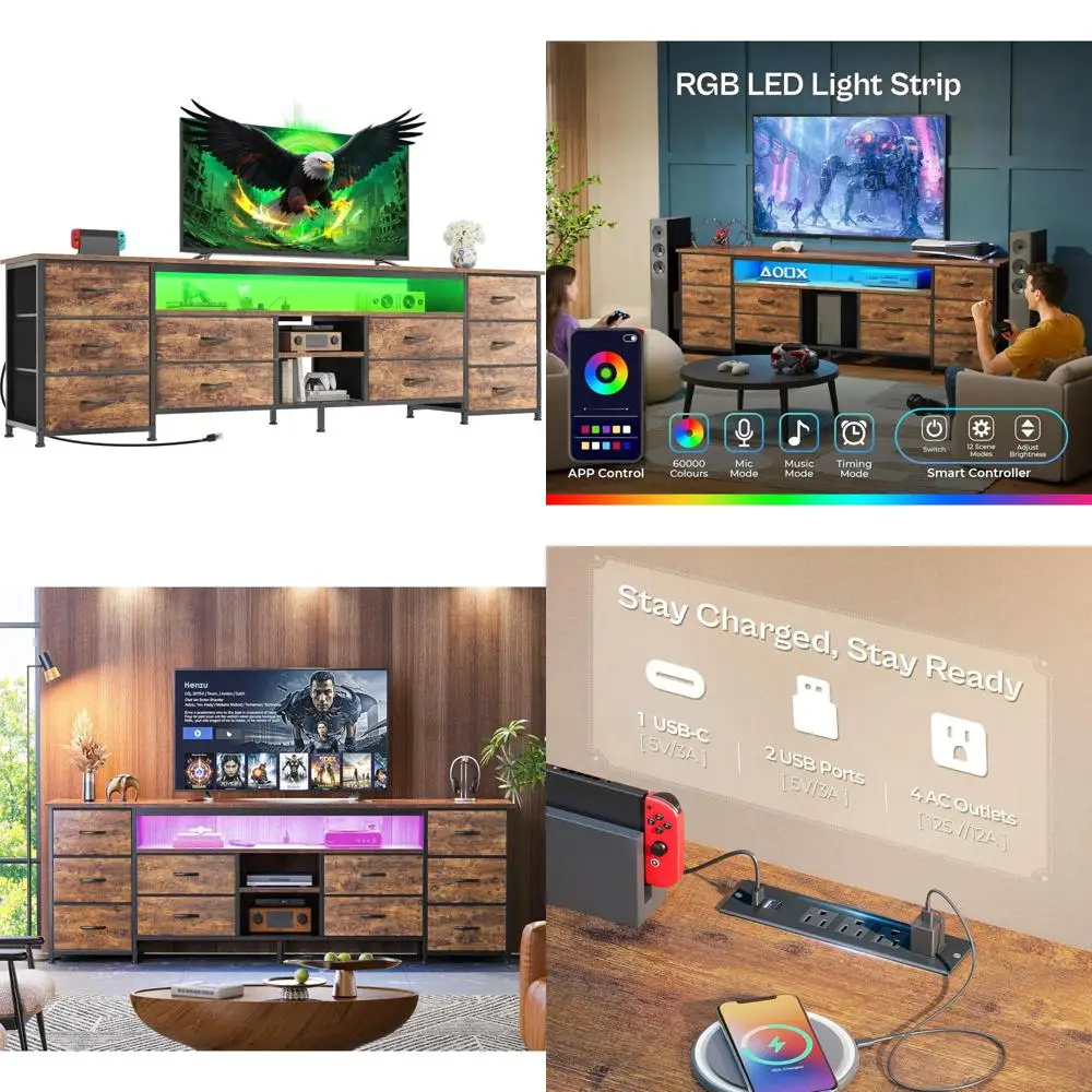 حامل تلفزيون LED كبير 70.9 بوصة مع أدراج قماشية ومنافذ طاقة ومنفذ USB-C وإضاءة LED لاستخدام غرفة النوم