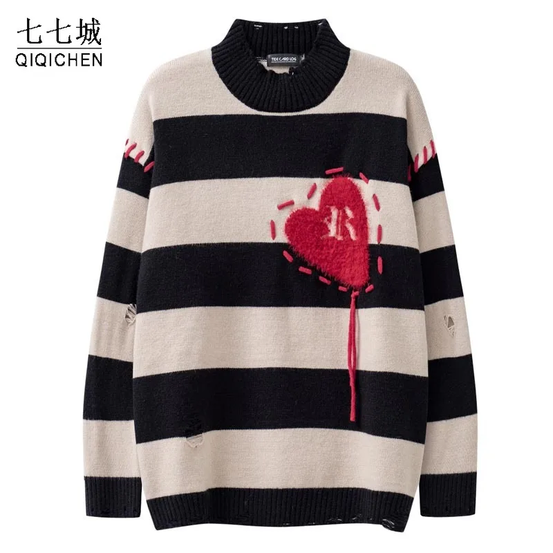 

Hip Hop Oversize Knitted Pullover Sweater Men Women Black Striped Ripped Hole Sweaters Vintage Casual Jumpers Streetwear Autumn