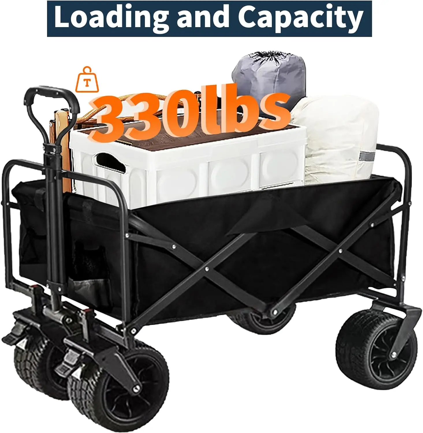 Heavy Duty Utility Collapsible Wagon with All-Terrain 4in×7in Wheels,Load 330 Lbs,Portable 150 liter large capacity beach wagon,