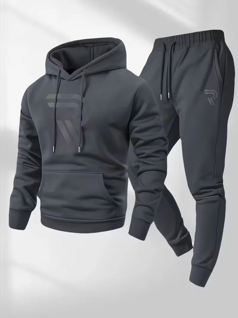 

Men's sports running casual round neck hooded sweatshirt and sweatpants set, suitable for autumn and winter sportswear