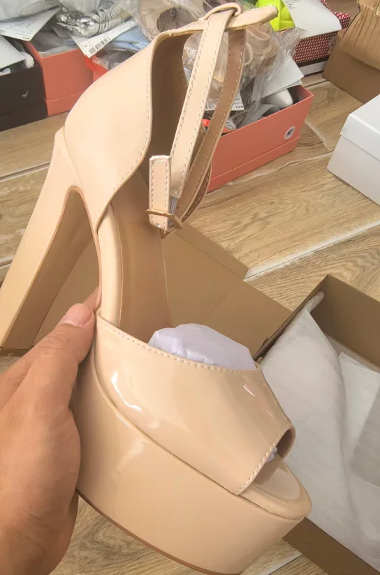 Gold White Size34-43 Sandals Women's Thick Heel Square Head Buckle Waterproof Table Open Toe Hollow Word with High Heel Sandals image 6