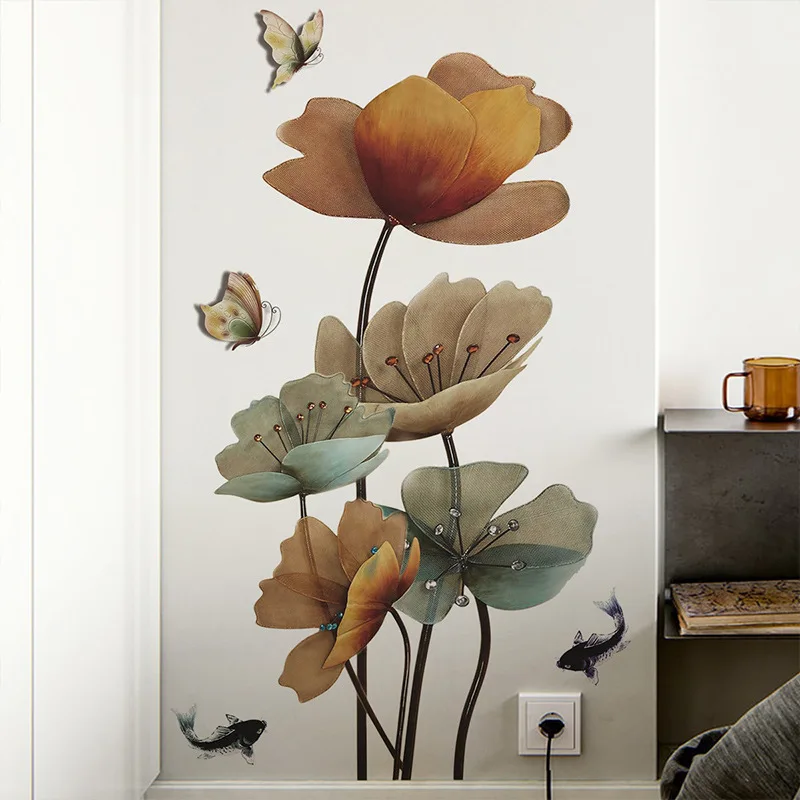 Chinese Style Lotus Carp Wall Sticker Living Room Background Decoration Wallpaper For Entrance Home Decor Self-adhesive Decals