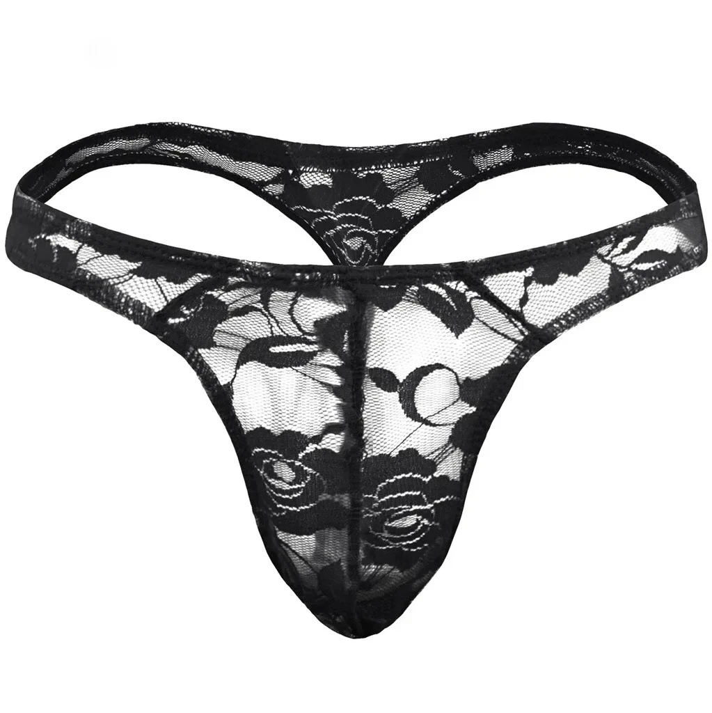 

Men's Erotic T Back Thong Sissy Sexy Lace Embroidery Semi Transparent G-string Gay Low-rise U Convex Pouch Panties Open Buttocks