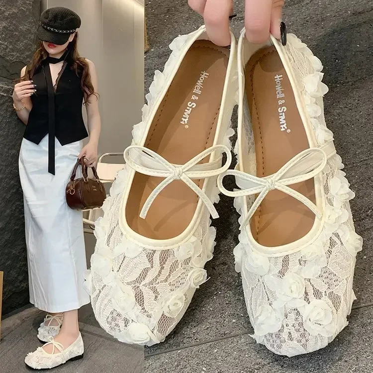 Damen-Mary-Jane-Schuhe mit Spitzenblumen, modische Slip-On-Schuhe im Street-Style mit weicher Sohle, flache Schuhe für Damen – Detail 3