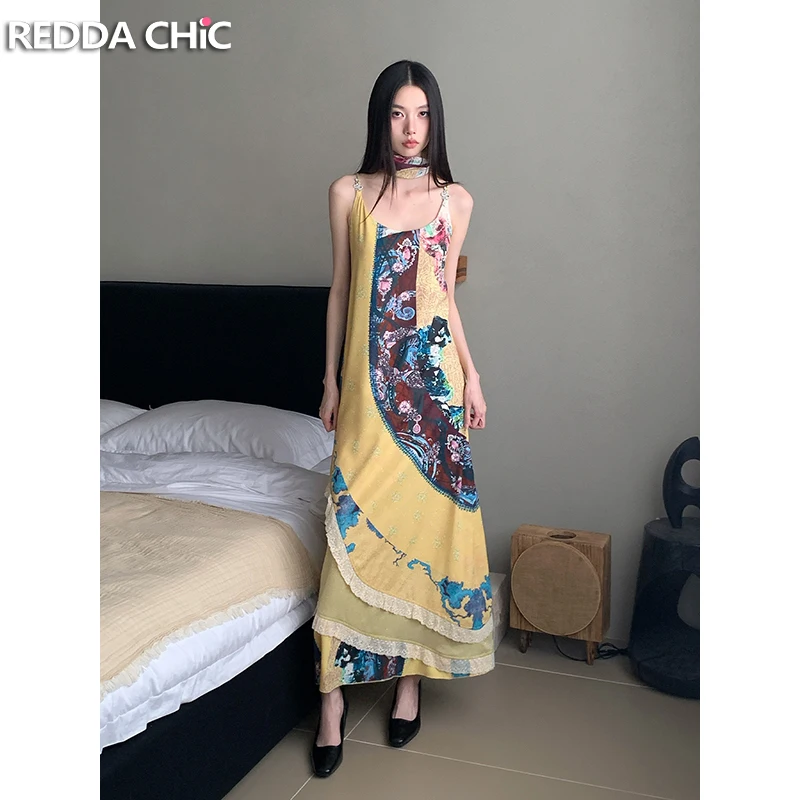 REDDACHiC Women Stitch Lace Camisole Long Dress Aesthetic Print A-line Snake-shaped Buckle Loose Sundress Vintage Boho Clothes