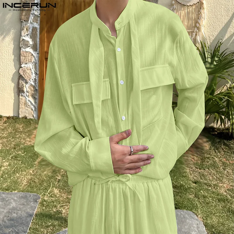 

INCERUN Men Sets Solid Color Oversize Long Sleeve Shirt & Shorts 2PCS Streetwear Summer 2025 Vacation Men's Casual Suits S-5XL