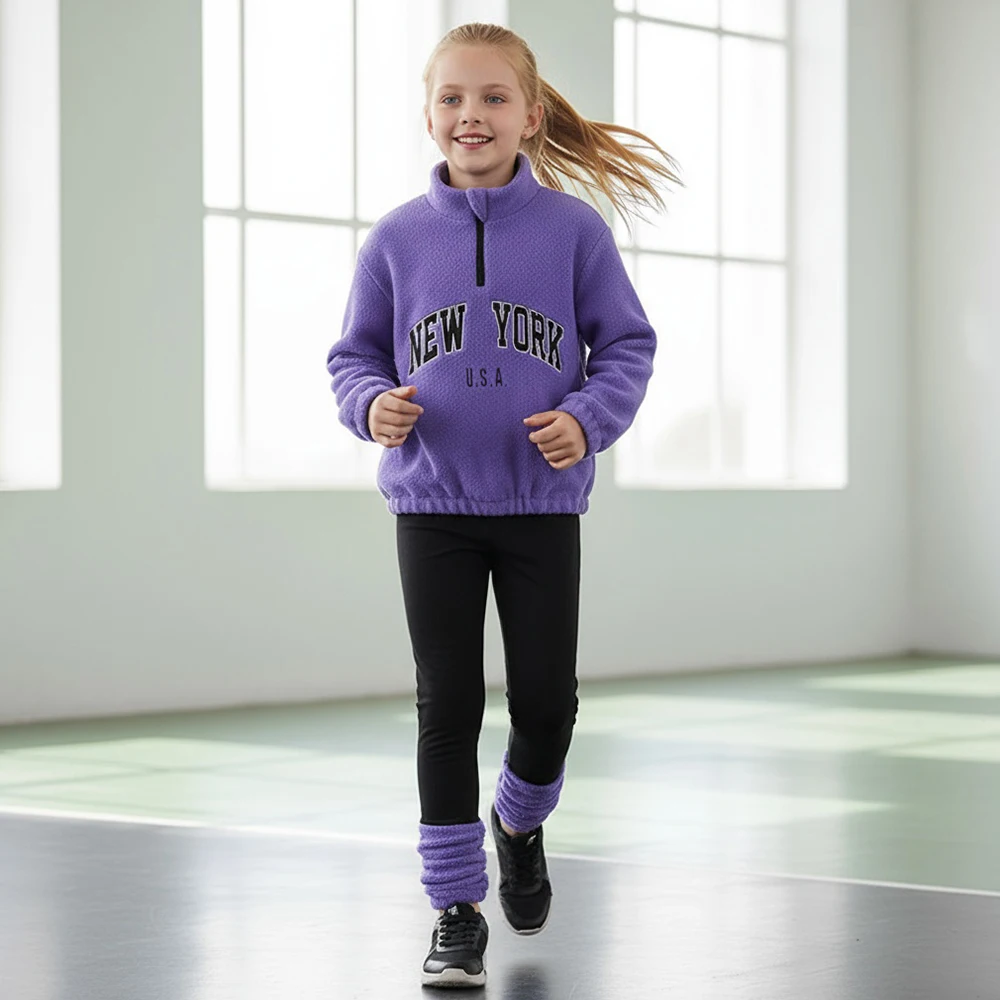 

Children Girl 2Pcs Sets Warm Autumn Winter Girls Sport Suit Zipper Letter Polar Fleece Leggings Purple Casual Sporty Set