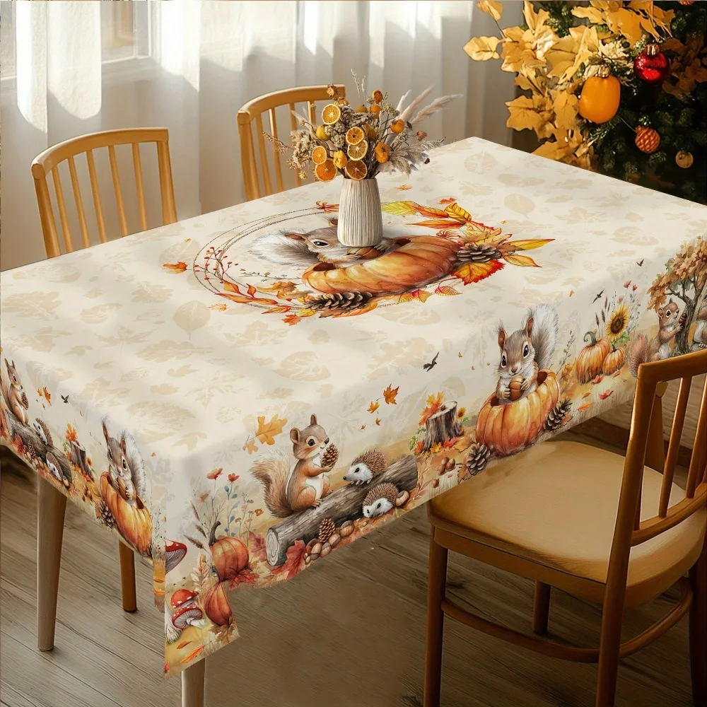 1pc Autumn Thanksgiving-themed tablecloth in country farmhouse style, featuring squirrels, pumpkins and little hedgehogs.zyc