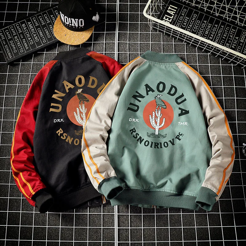 

Man Baseball Uniform Autumn New Letter Printed Contrast Color Male Jacket High Street Stand Collar Long Sleeve Men Outerwear