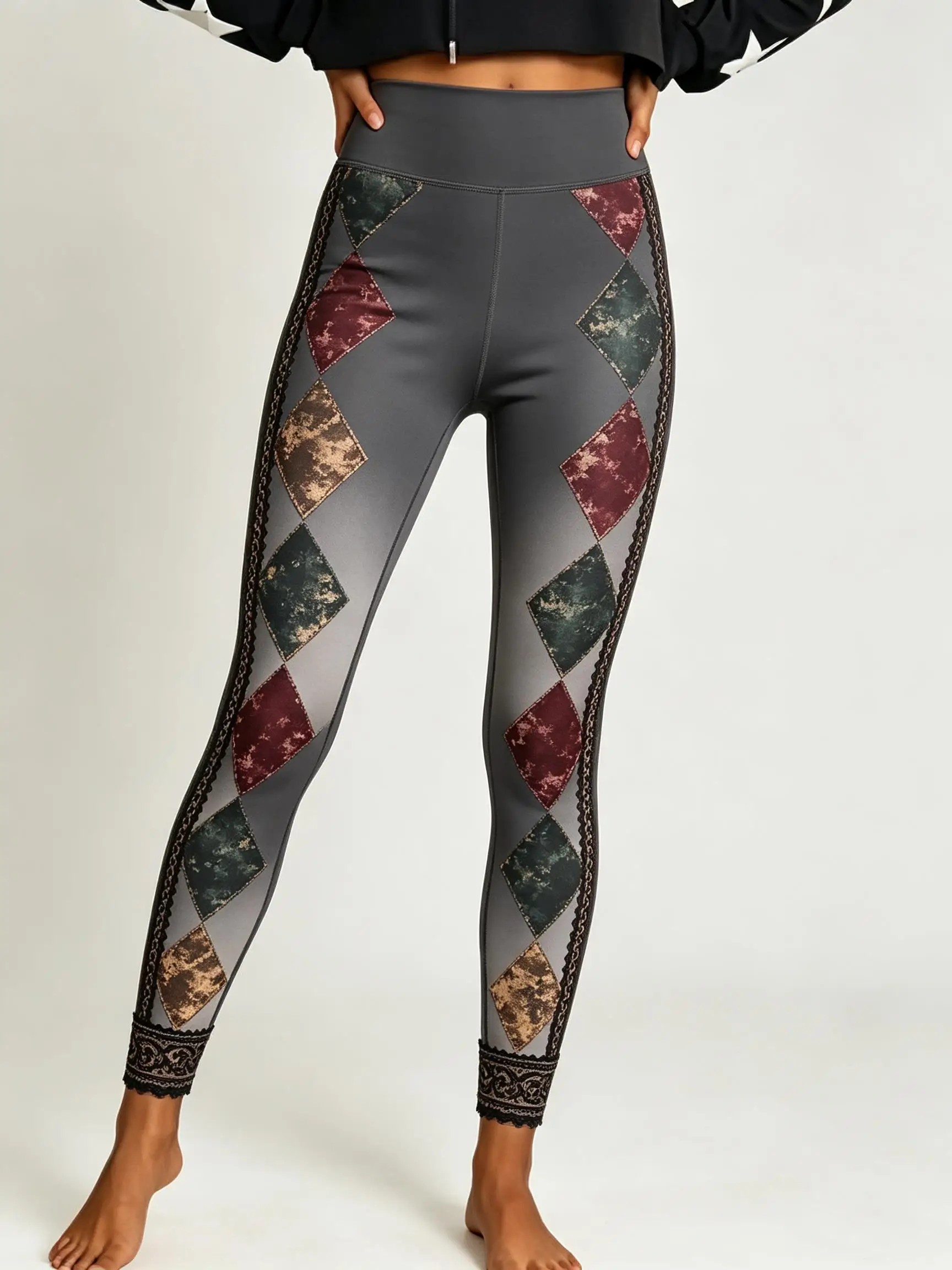 Women Fleece‑lined Mid‑rise Leggings Argyle Diamond Floral Paisley Side Stripe Tribal Hem Print Slim Stretch Winter Casual Pants