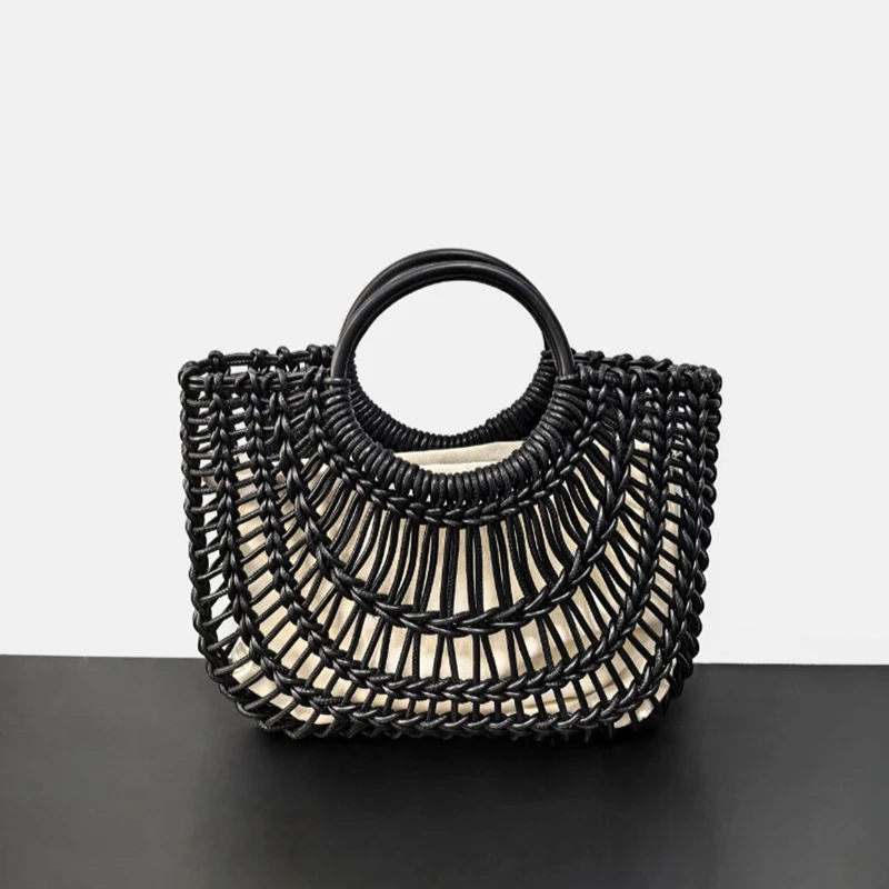 

French hand-woven tote bag 2025 summer new niche design hollow fashion vacation beach bag women vintage knitted handbag