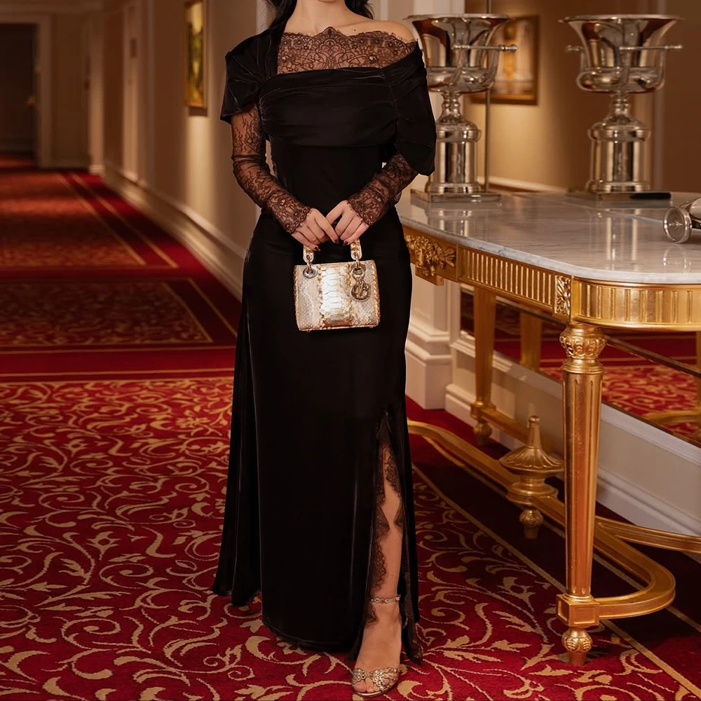 

Customized A-line Evening Dresses Floor-length Off The Shoulder Full Sleeve Prom Gown Fashion Lace Simple Draped Party Gown