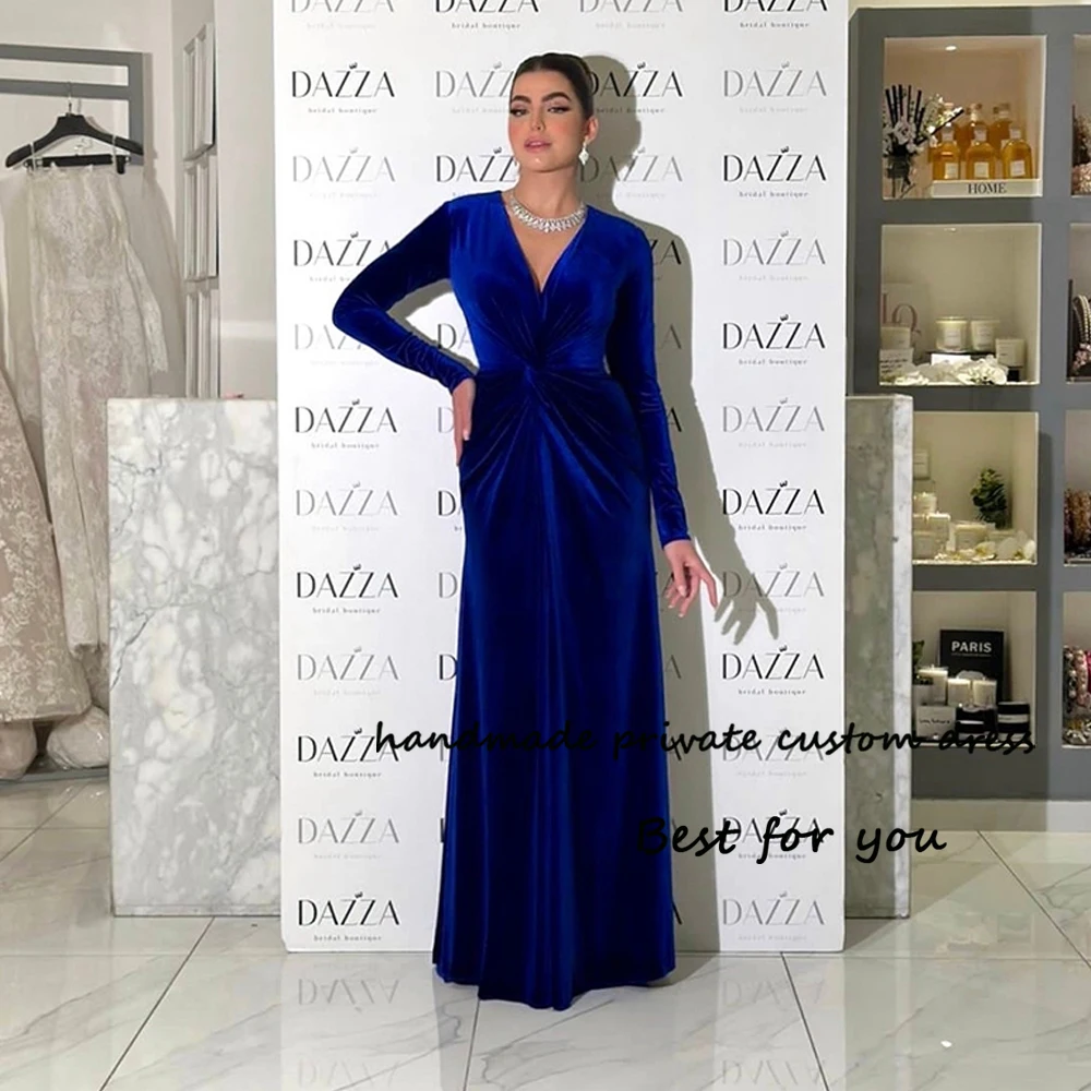 

Royal Blue Velvet Mermaid Evening Dresses Long Sleeve V Neck Prom Dress Floor Length Arabian Dubai Formal Occasion Gowns