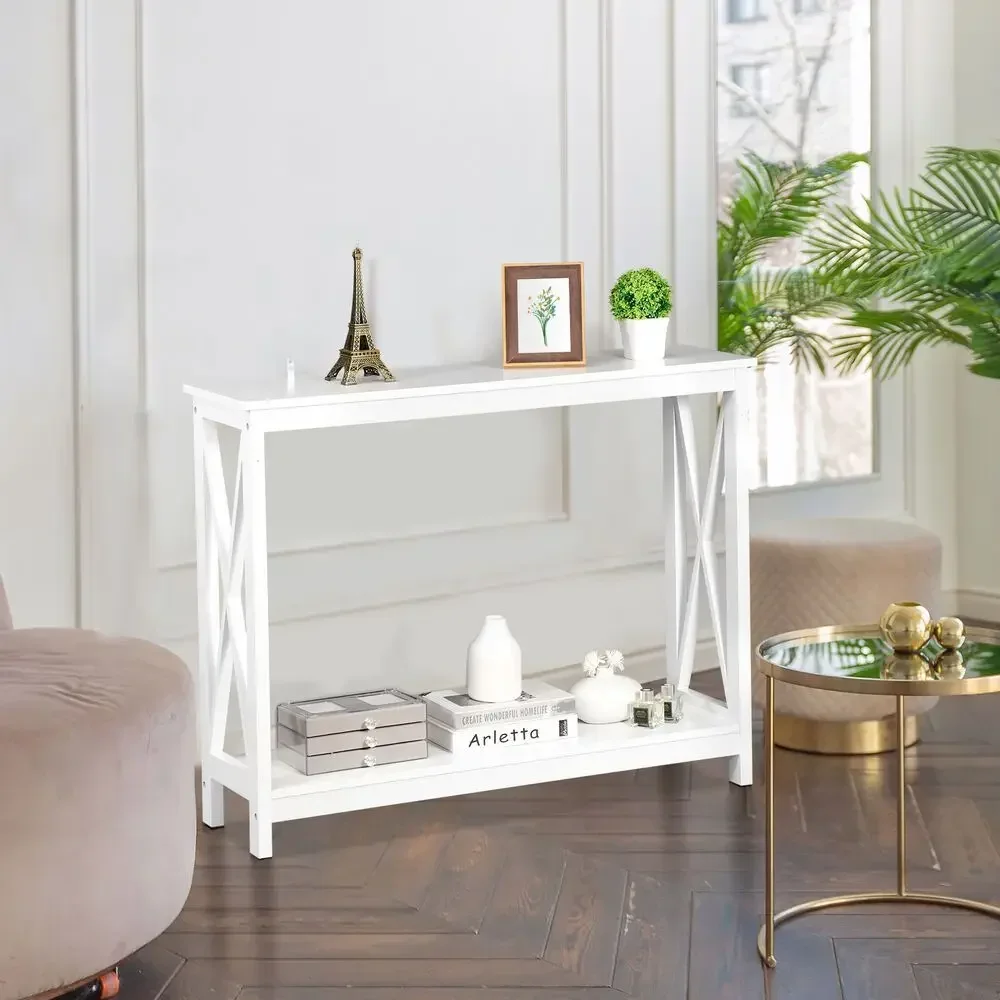 Wood Console Table for Entryway, 2-Tier Sofa Table Accent Table w/Storage Shelf for Living Room, Hall, Foyer, White 2