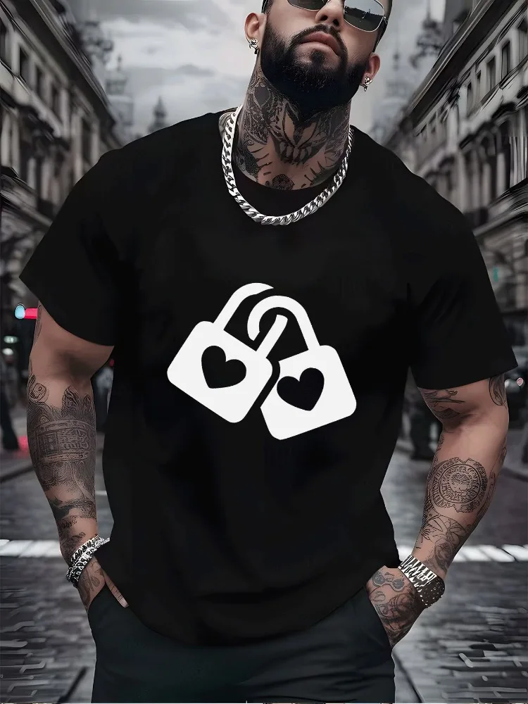 Romantic Minimalist Mens Loose Black Tee Double Heart Lock Linked Pattern Print Breathable Cotton Dating Street Casual Shirts