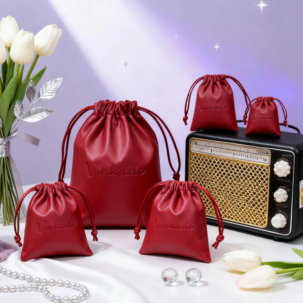 

50Pack Luxury Promotion Pu Leather Drawstring Bag Custom Embossed Logo Size Wedding Gift Soft Waterproof Jewelry Perfume Pouch