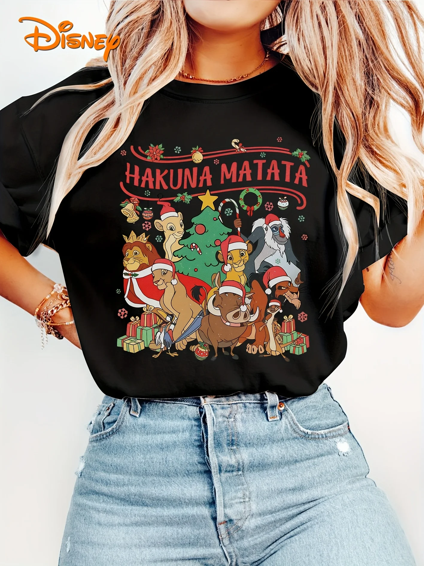 

Disney Short Sleeved "King" Simba, Mufasa, Nala, Pumbaa, Timon, Rafiki with Christmas Hat, Christmas Tree Print Casual Top