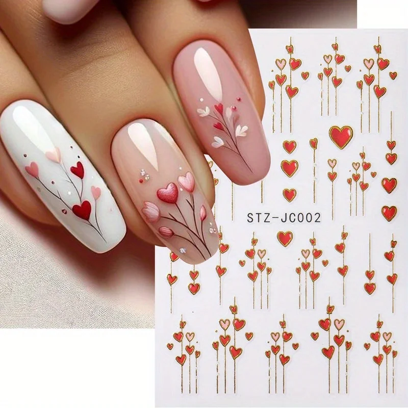 1 pz adesivi per unghie 3D con cuore e strisce dorate per San Valentino - Decalcomanie per nail art adesive rosse e rosa romantiche con linee di cuore