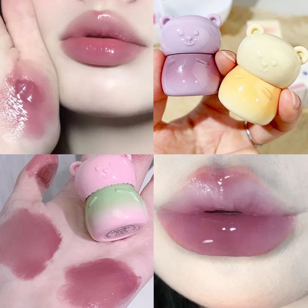 Brillo de labios de gelatina con luz de agua, lápiz labial de cristal con espejo de oso bonito, duradero, resistente al agua, Sexy, púrpura, rosa, rojo, tinte labial, esmalte de labios cosmético