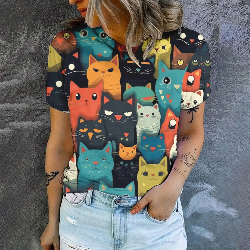 Cartoon Cat Print High Quality Crewneck T-shirt Summer Casual Breathable Loose T-shirt Street Fashion Simple Women\'s T-shirt Top