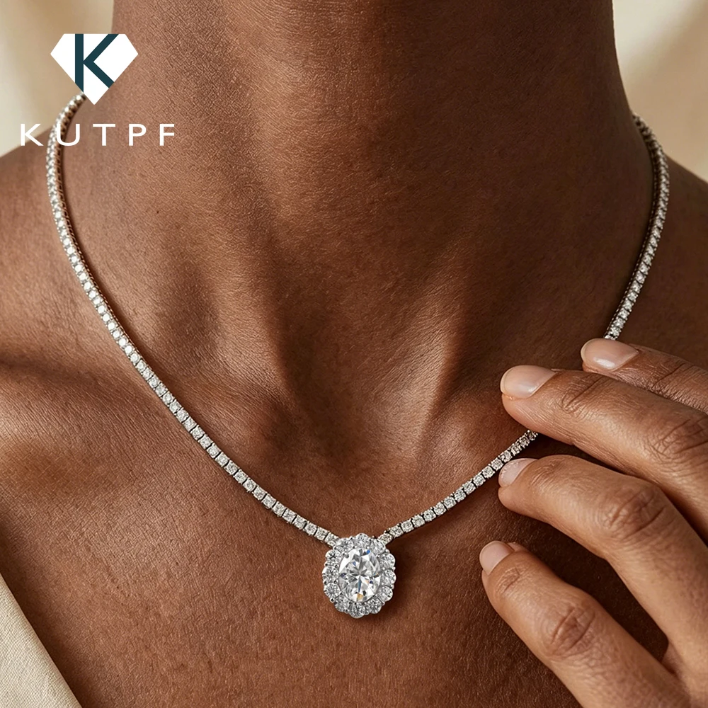 

2mm Full Moissanite Riviera Necklace with 2carat Oval Halo Diamond Pendant Tennis Necklace for Women S925 Silver Bridal Jewelry