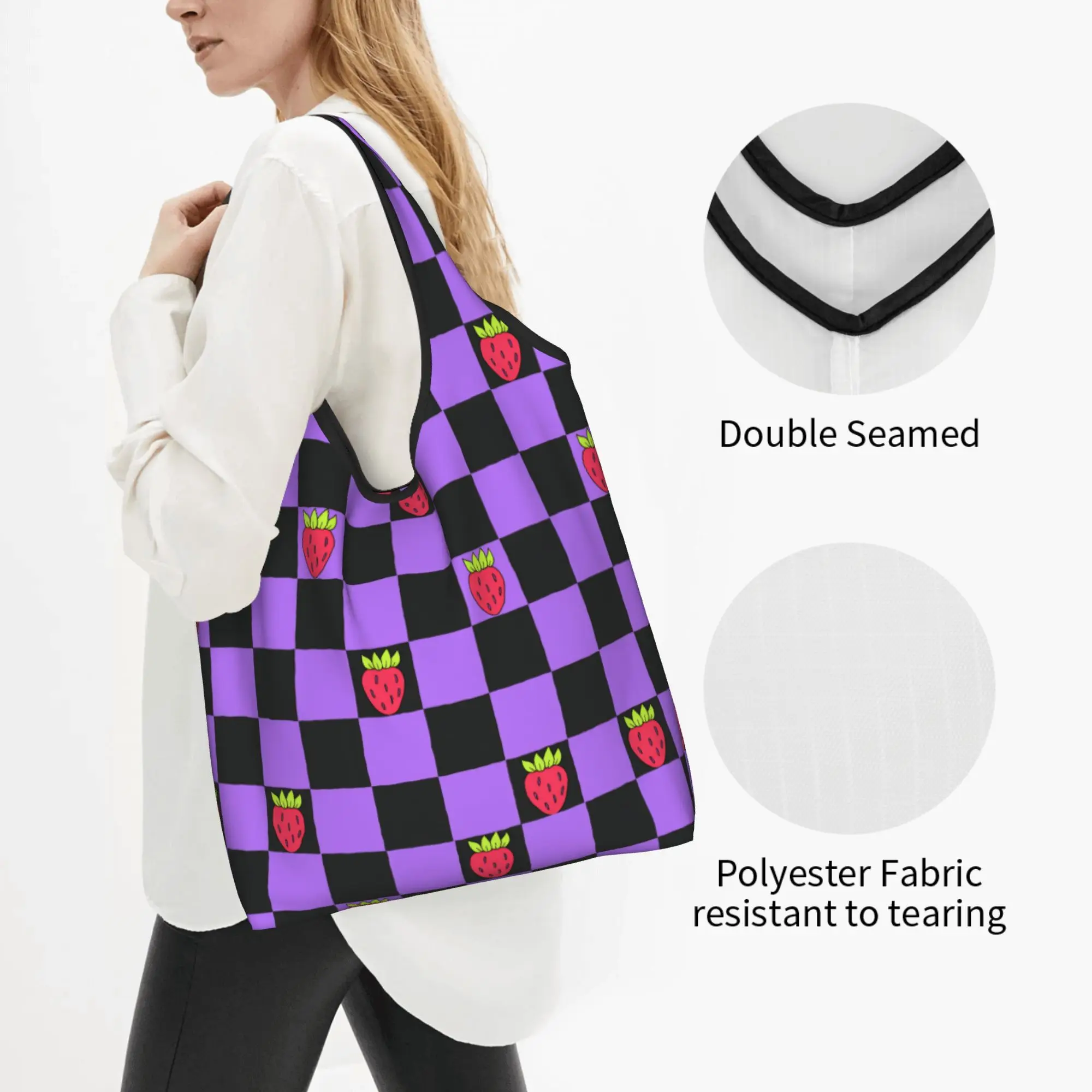Recycling Strawberries Checkerboard  Shopping Bag Women Tote Bag Portable Lilac Black  Groceries Shopper Bags