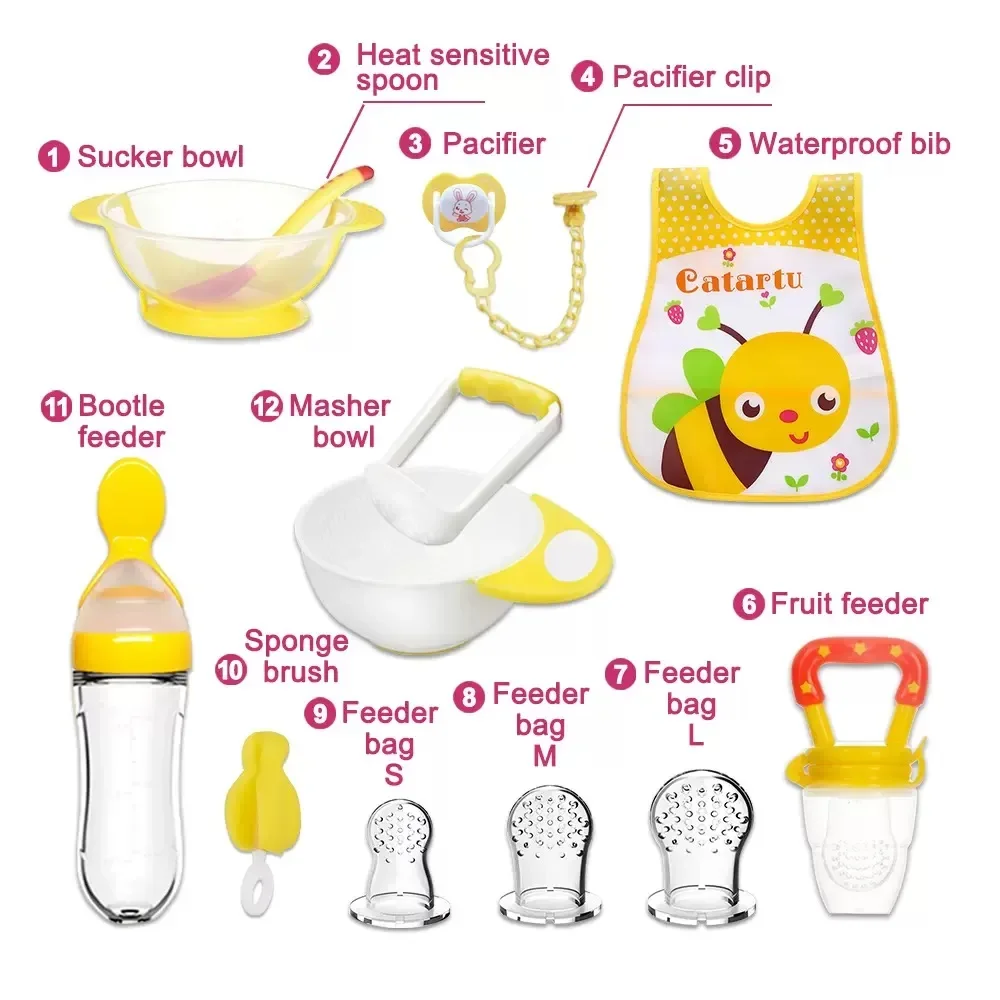 Baby Food Mill Set, 12 Piece Baby Feeding and Self-Feeding Set for 0-3 Years - Nipple Clips, Bottle Feeder and Waterproof Bibs