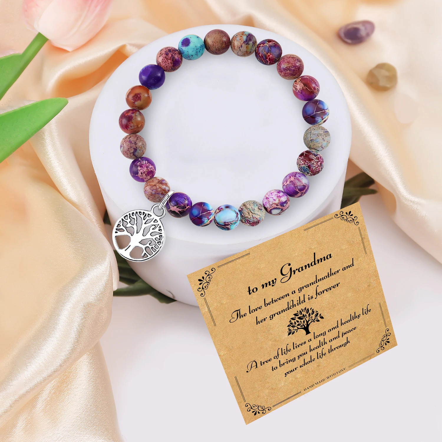 1PC Exquisite Tree of Life Pendant Bracelet & Blessing Card Gifts for Grandma, Healing Bracelets Christmas Gift for Grandma