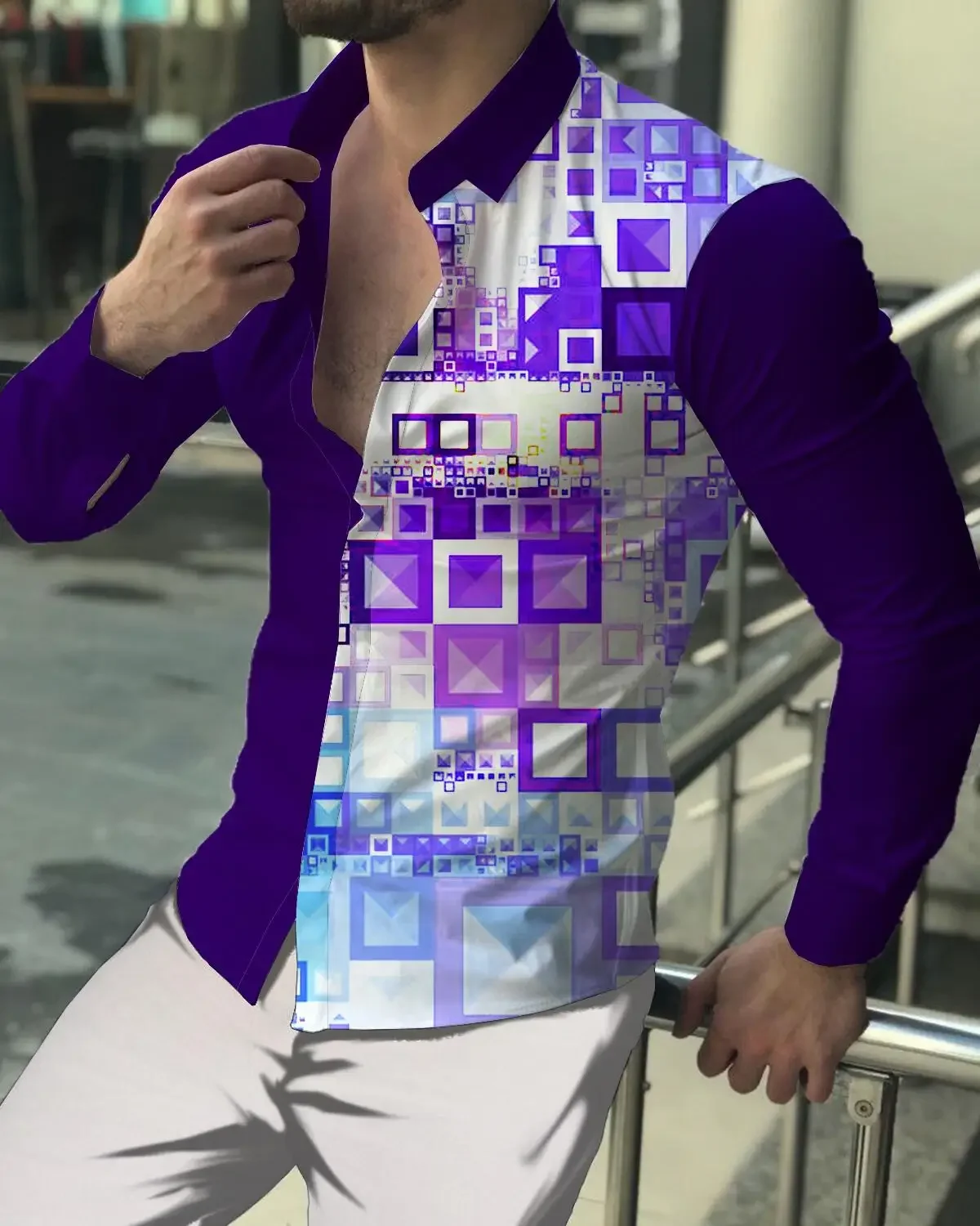 Men's Geometric Texture 3D Printing Fashionable Casual Long-sleeved Lapel Button Shirt Men's Slim Fit Simple Business Party Top