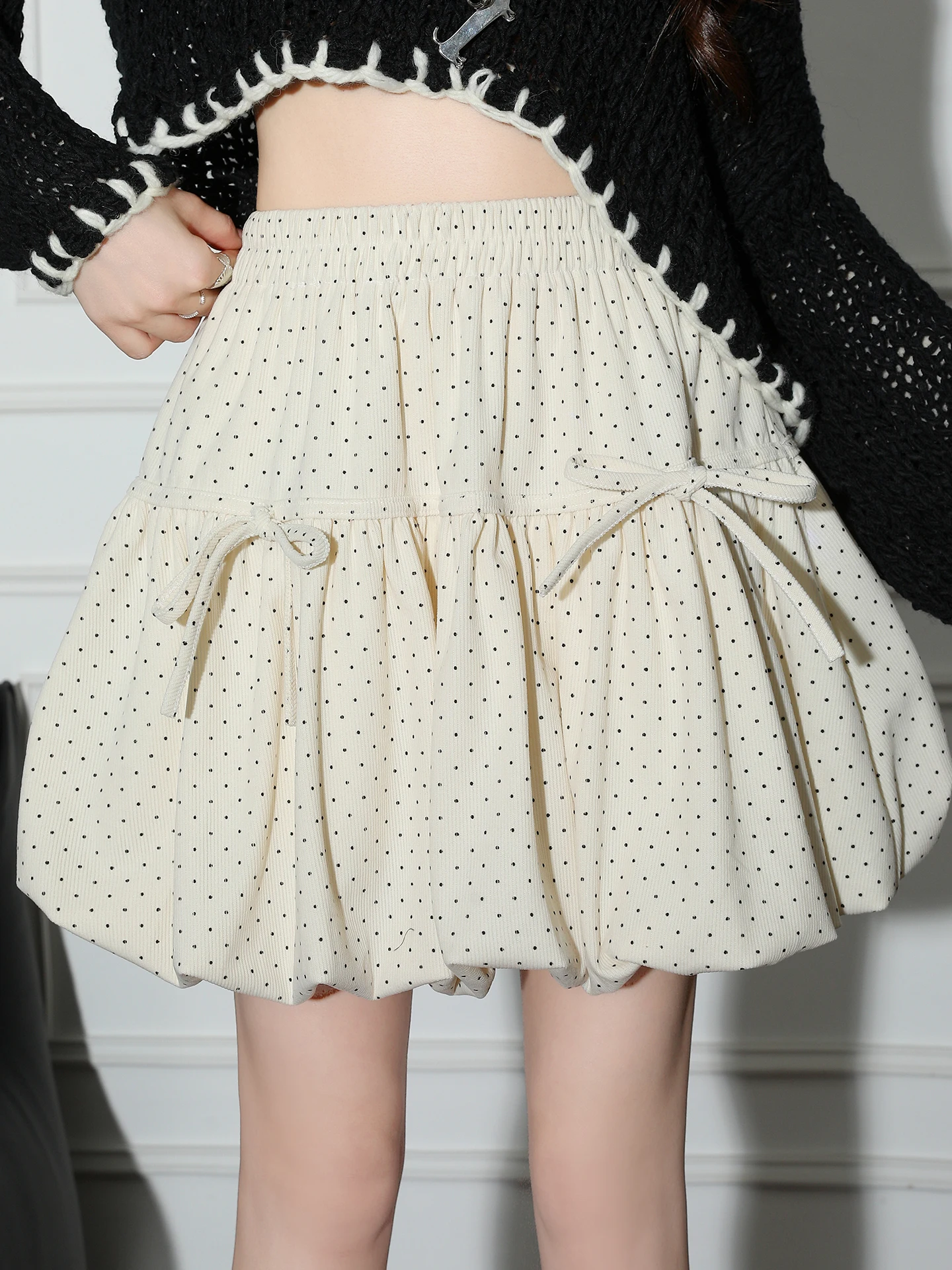 Polka Dot Velvet  Knot Lantern Half Skirt Women's High Waist Drapey A-Line Fluffy Bloom Short Skirt Korean Style Com...