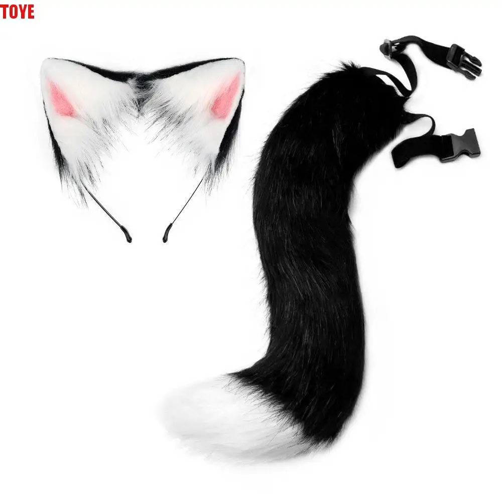 

1 set Cat Ear Halloween Cosplay Accessories Plush Cat Tail Halloween Animal Cosplay Props with Buckle Adjustable