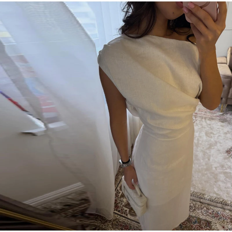 Solid One Shoulder Dresses 2026 Summer Lady Elegant Skew Collar Waist-cinching Sleeveless Split Long Dress Women's Party Gowns